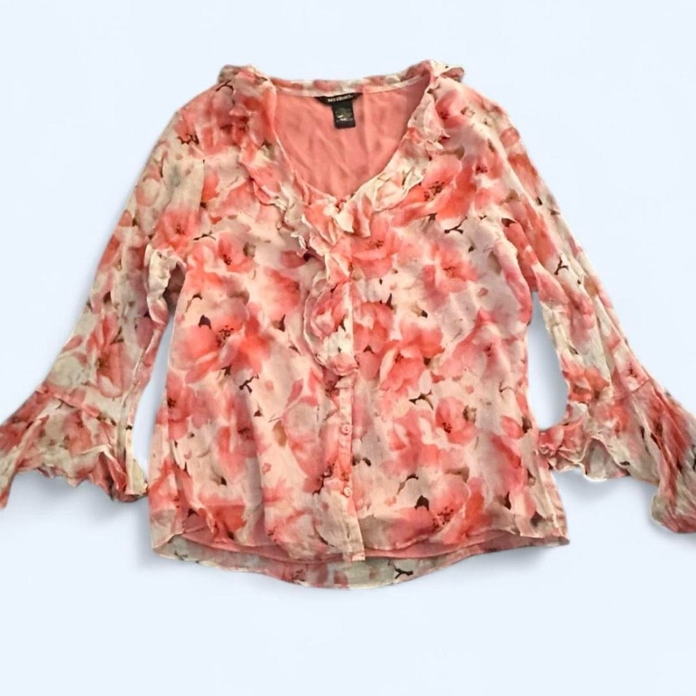 Vintage 100% Silk Floral Coral/Pink Ruffle Blouse Bell Sleeve Sheer Top M